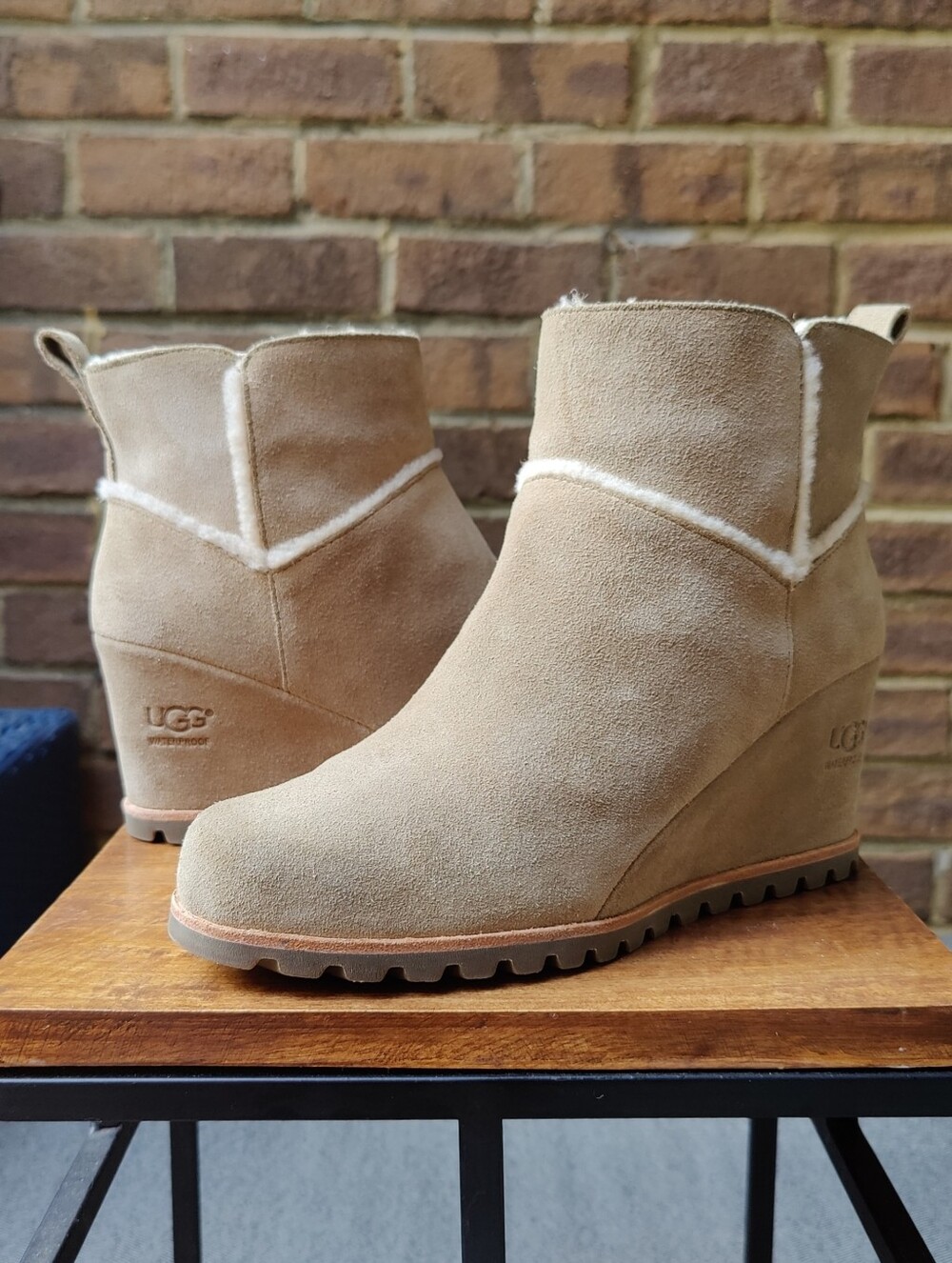 UGG Womens 8.5 Suede Wedge Boots  Waterproof Wool Beige Taupe Booties Marte